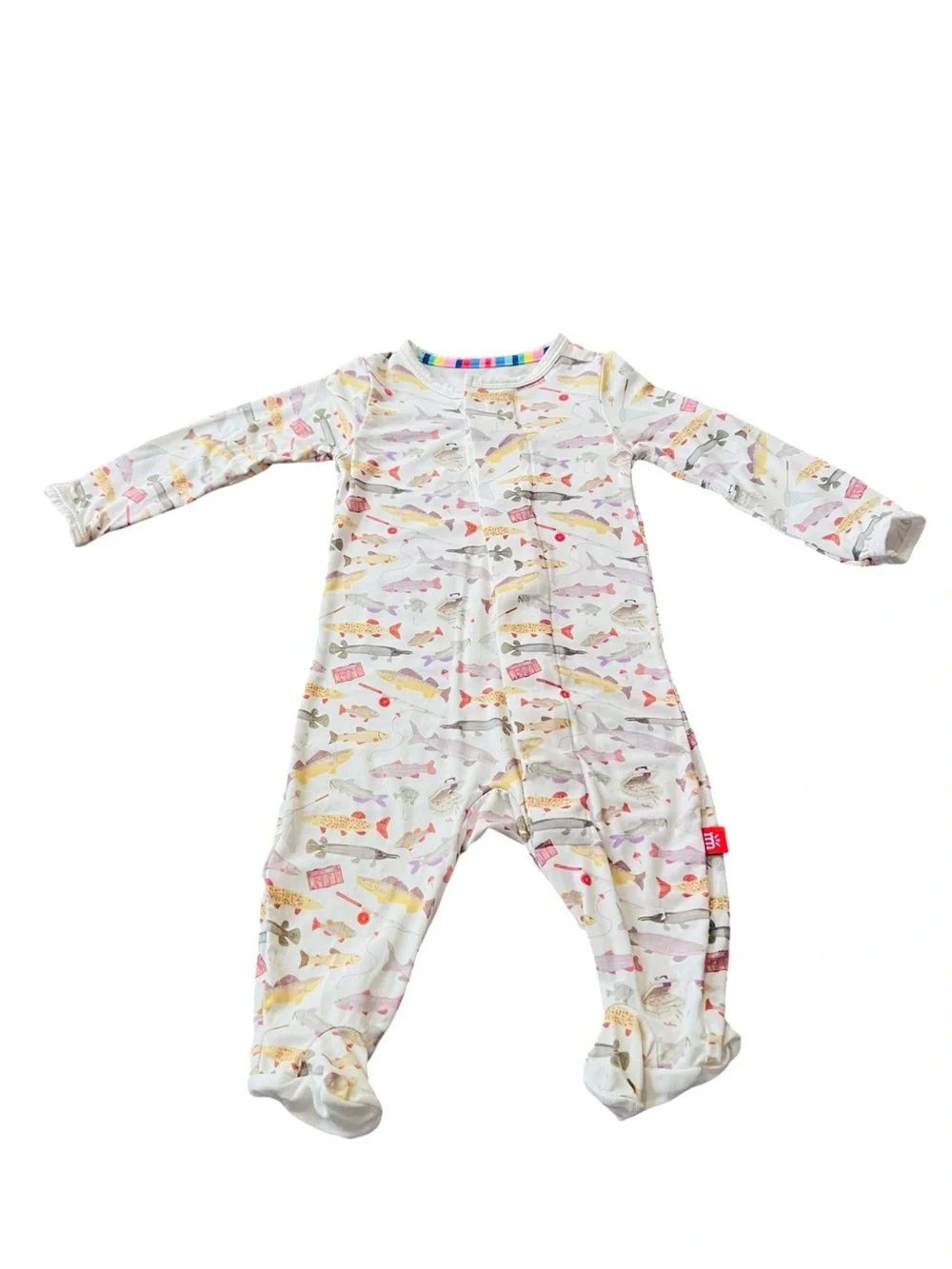 Magnetic Me White Footed One-Piece with Green, Yellow & Brown Fish Print